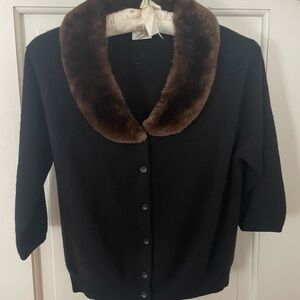 VAida Barni Black Cardigan 100% 2Ply Cashmere Natural Fur Trim Size S/M - Italy